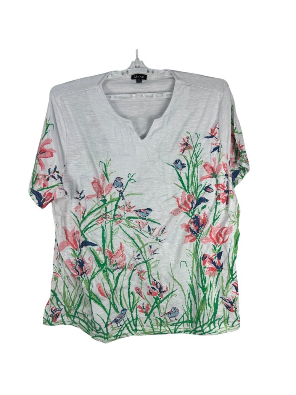Links Womens Floral Bird Print Short Sleeve Notch Neck Top White 2X Stretch